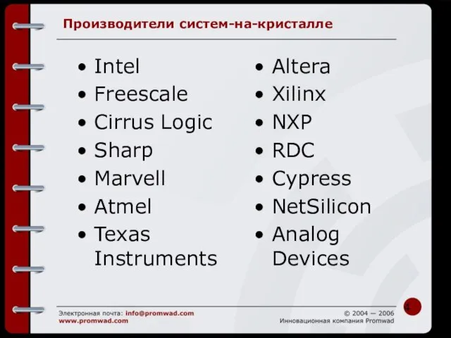 Производители систем-на-кристалле Intel Freescale Cirrus Logic Sharp Marvell Atmel Texas Instruments Altera