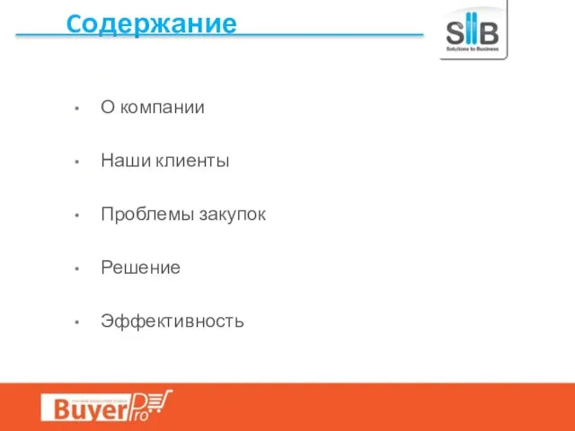 Cодержание О компании Наши клиенты Проблемы закупок Решение Эффективность