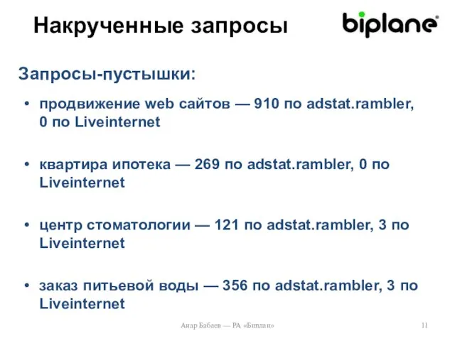 Накрученные запросы продвижение web сайтов — 910 по adstat.rambler, 0 по Liveinternet