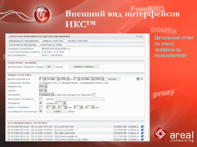 Внешний вид интерфейсов ИКС™ Детальный отчет по учету трафика по пользователю