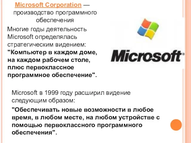 Microsoft Corporation — производство программного обеспечения Многие годы деятельность Microsoft определялась стратегическим
