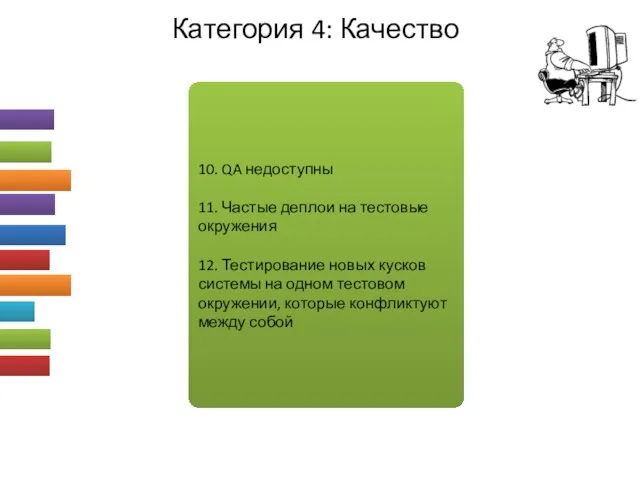 Категория 4: Качество 10. QA недоступны 11. Частые деплои на тестовые окружения