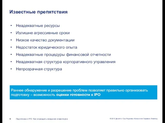 Известные препятствия Неадекватные ресурсы Излишне агрессивные сроки Низкое качество документации Недостаток юридического