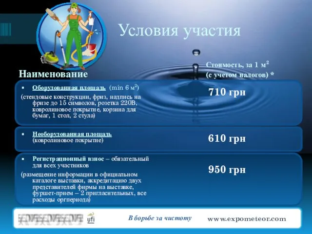 Условия участия Наименование Стоимость, за 1 м2 (с учетом налогов) * Оборудованная