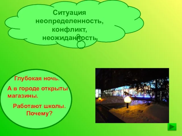 Ситуация неопределенность, конфликт, неожиданность Глубокая ночь. А в городе открыты магазины. Работают школы. Почему?