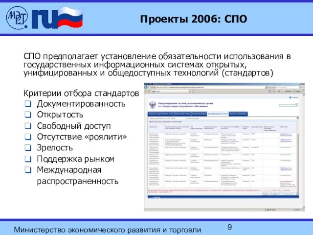 Министерство экономического развития и торговли Российской Федерации Проекты 2006: СПО СПО предполагает