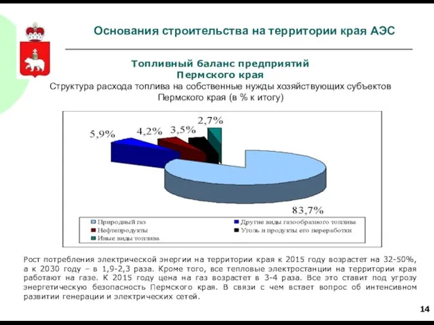 Основания строительства на территории края АЭС Топливный баланс предприятий Пермского края Структура