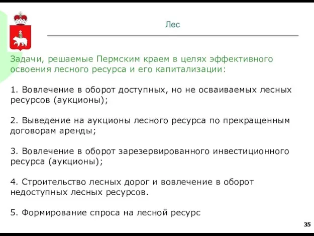 Лес Задачи, решаемые Пермским краем в целях эффективного освоения лесного ресурса и