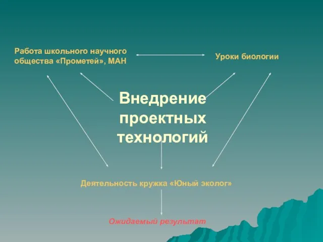 Внедрение проектных технологий Работа школьного научного общества «Прометей», МАН Уроки биологии Деятельность