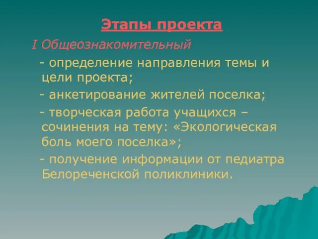 Этапы проекта I Общеознакомительный - определение направления темы и цели проекта; -