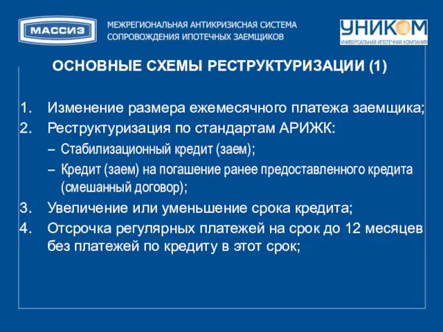 Изменение размера ежемесячного платежа заемщика; Реструктуризация по стандартам АРИЖК: Стабилизационный кредит (заем);