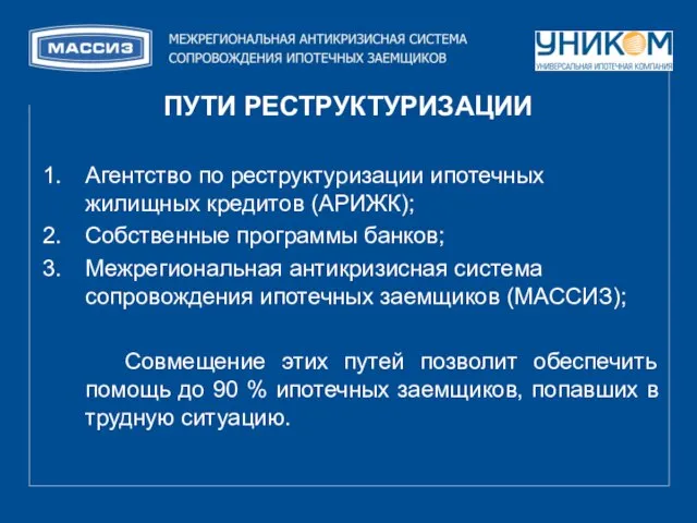 ПУТИ РЕСТРУКТУРИЗАЦИИ Агентство по реструктуризации ипотечных жилищных кредитов (АРИЖК); Собственные программы банков;