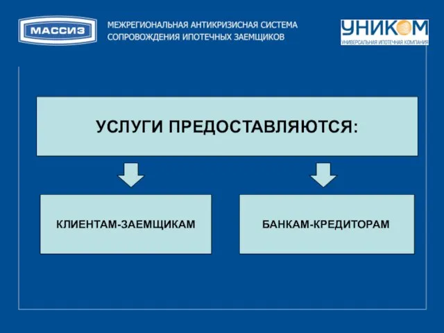 УСЛУГИ ПРЕДОСТАВЛЯЮТСЯ: БАНКАМ-КРЕДИТОРАМ КЛИЕНТАМ-ЗАЕМЩИКАМ