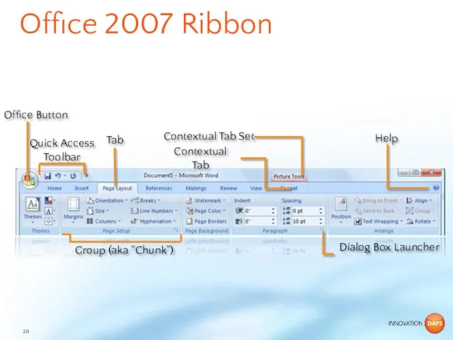 Office 2007 Ribbon Office Button Quick Access Toolbar Tab Contextual Tab Set