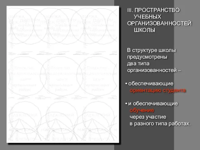 III. ПРОСТРАНСТВО УЧЕБНЫХ ОРГАНИЗОВАННОСТЕЙ ШКОЛЫ В структуре школы предусмотрены два типа организованностей