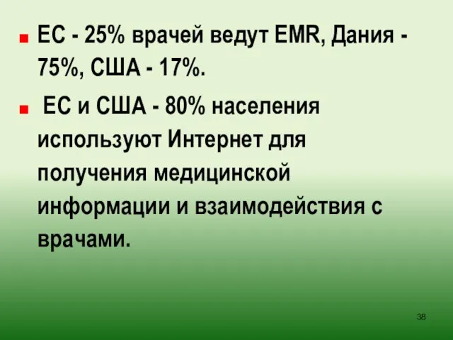 ЕС - 25% врачей ведут EMR, Дания - 75%, США - 17%.