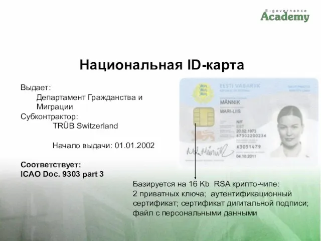 Национальная ID-карта Выдает: Департамент Гражданства и Миграции Субконтрактор: TRÜB Switzerland Начало выдачи: