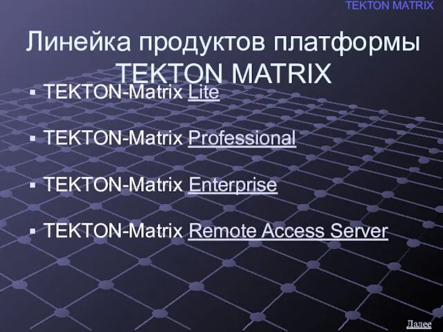 Линейка продуктов платформы TEKTON MATRIX TEKTON-Matrix Lite TEKTON-Matrix Professional TEKTON-Matrix Enterprise TEKTON-Matrix