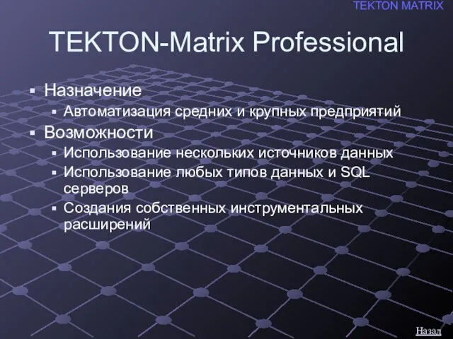 TEKTON-Matrix Professional Назначение Автоматизация средних и крупных предприятий Возможности Использование нескольких источников