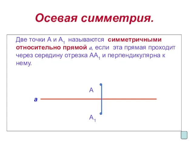 Осевая симметрия. Две точки А и А1 называются симметричными относительно прямой a,