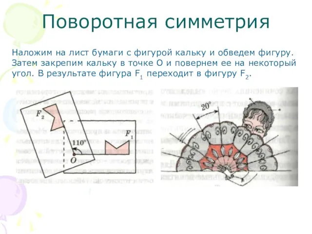 Поворотная симметрия Наложим на лист бумаги с фигурой кальку и обведем фигуру.