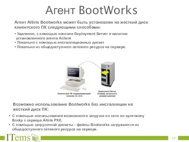 Агент Altiris Bootworks может быть установлен на жесткий диск клиентского ПК следующими