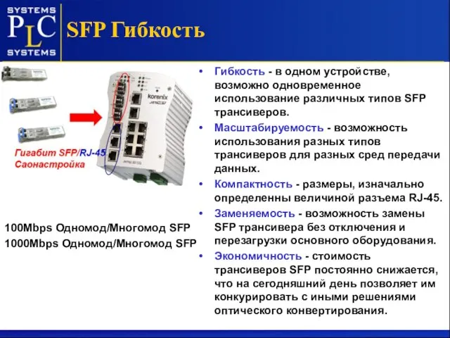 Гибкость - в одном устройстве, возможно одновременное использование различных типов SFP трансиверов.