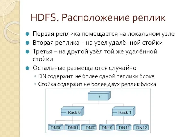 HDFS. Расположение реплик Первая реплика помещается на локальном узле Вторая реплика –