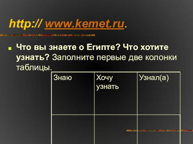 Что вы знаете о Египте? Что хотите узнать? Заполните первые две колонки таблицы. http:// www.kemet.ru.