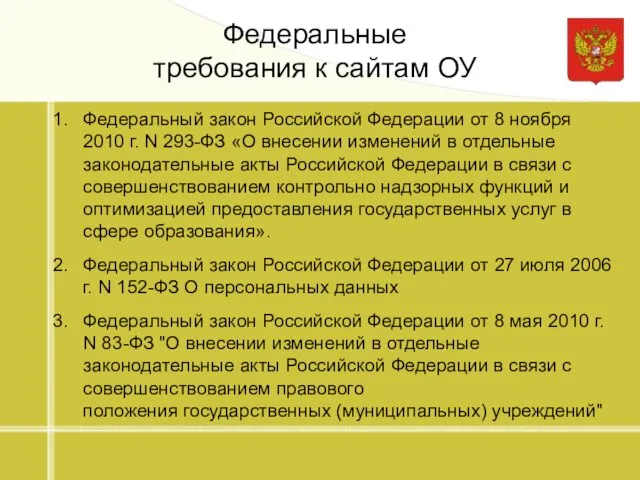 Федеральные требования к сайтам ОУ Федеральный закон Российской Федерации от 8 ноября