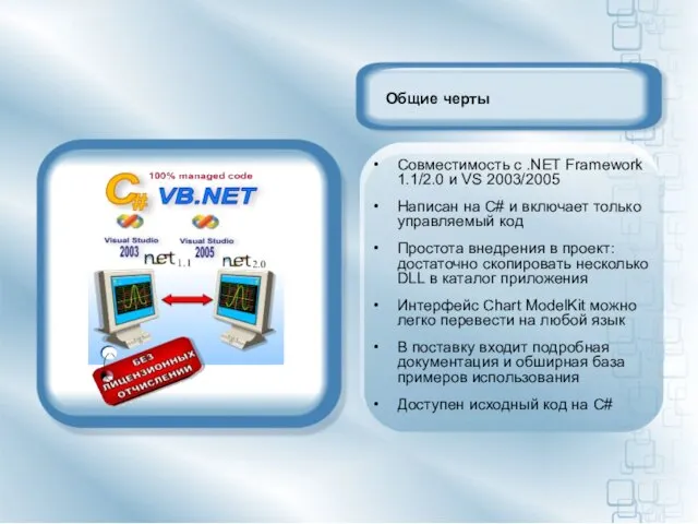 Общие черты Совместимость с .NET Framework 1.1/2.0 и VS 2003/2005 Написан на
