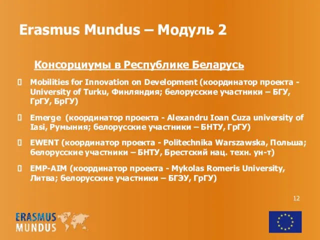 Erasmus Mundus – Модуль 2 Консорциумы в Республике Беларусь Mobilities for Innovation