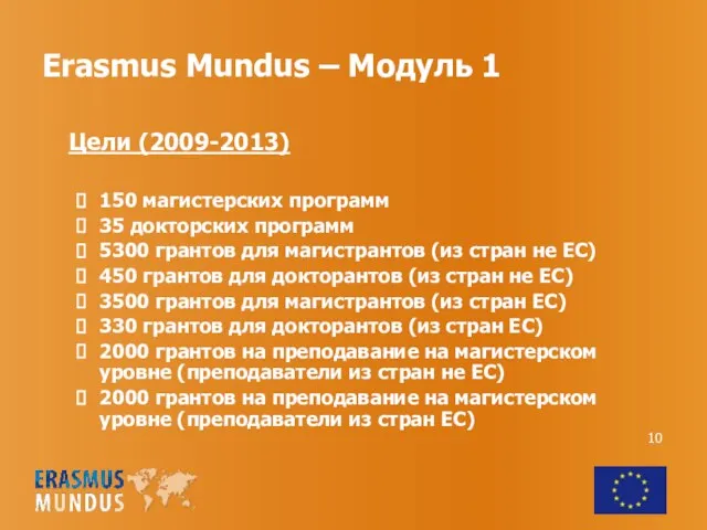 Erasmus Mundus – Модуль 1 Цели (2009-2013) 150 магистерских программ 35 докторских