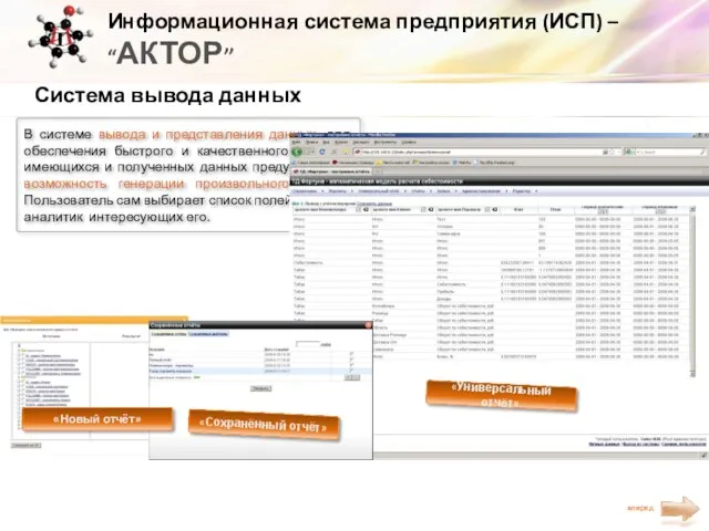 Информационная система предприятия (ИСП) – “АКТОР” Система вывода данных В системе вывода