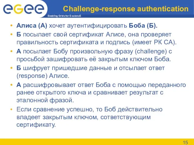Challenge-response authentication Алиса (А) хочет аутентифицировать Боба (Б). Б посылает свой сертификат