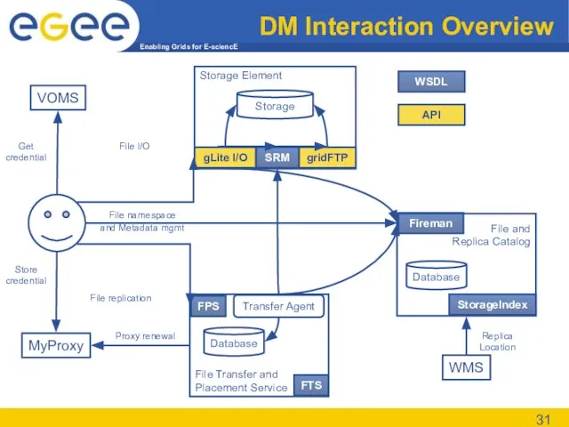 DM Interaction Overview WMS Storage Element SRM Storage gLite I/O gridFTP VOMS