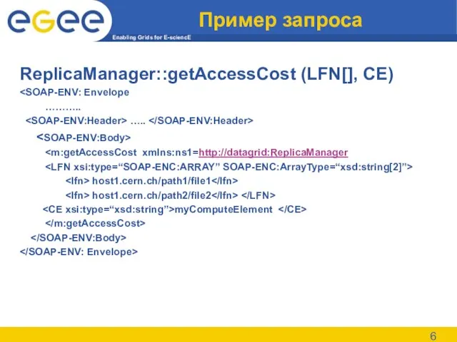 Пример запроса ReplicaManager::getAccessCost (LFN[], CE) ……….. ….. host1.cern.ch/path1/file1 host1.cern.ch/path2/file2 myComputeElement