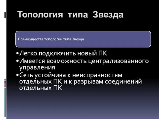 Преимущества топологии типа Звезда Легко подключить новый ПК Имеется возможность централизованного управления