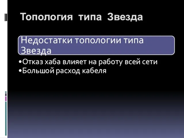 Недостатки топологии типа Звезда Отказ хаба влияет на работу всей сети Большой