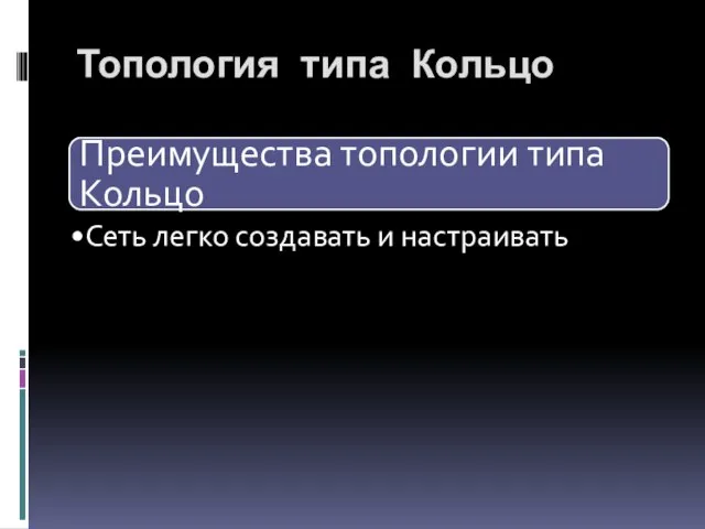 Преимущества топологии типа Кольцо Сеть легко создавать и настраивать Топология типа Кольцо