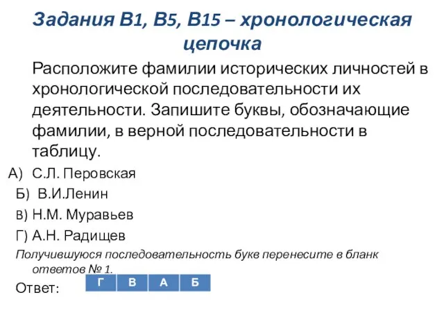 Задания В1, В5, В15 – хронологическая цепочка Расположите фамилии исторических личностей в