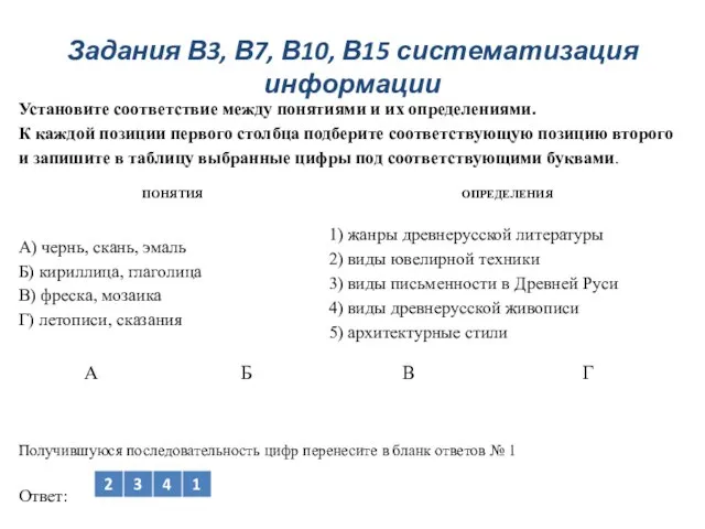 Задания В3, В7, В10, В15 систематизация информации