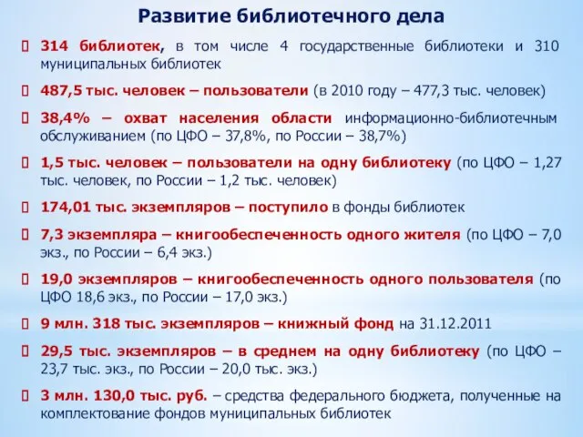 Развитие библиотечного дела 314 библиотек, в том числе 4 государственные библиотеки и