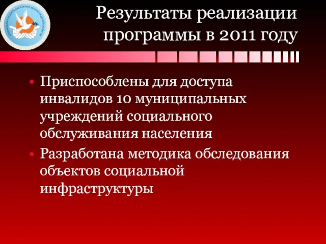 Результаты реализации программы в 2011 году Приспособлены для доступа инвалидов 10 муниципальных