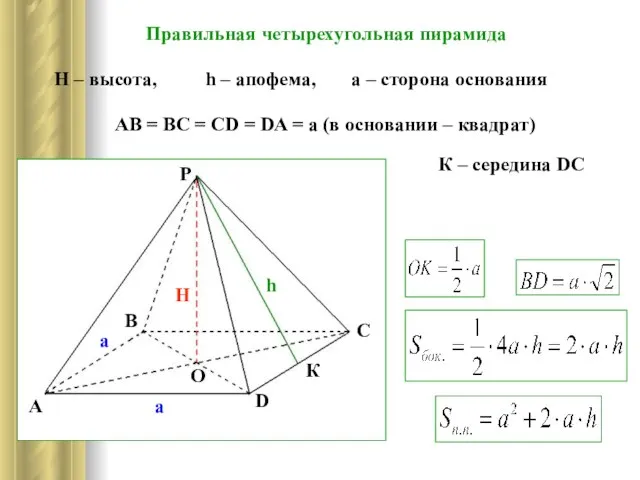 Правильная четырехугольная пирамида h – апофема, H – высота, AB = BC