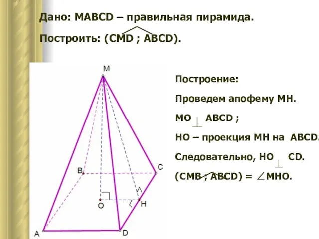 Дано: MAВCD – правильная пирамида. Построить: (CMD ; ABCD). Построение: Проведем апофему