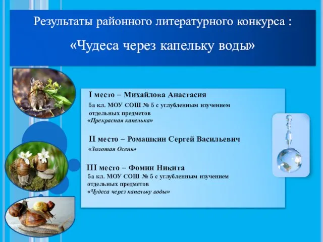 Результаты районного литературного конкурса : «Чудеса через капельку воды» I место –