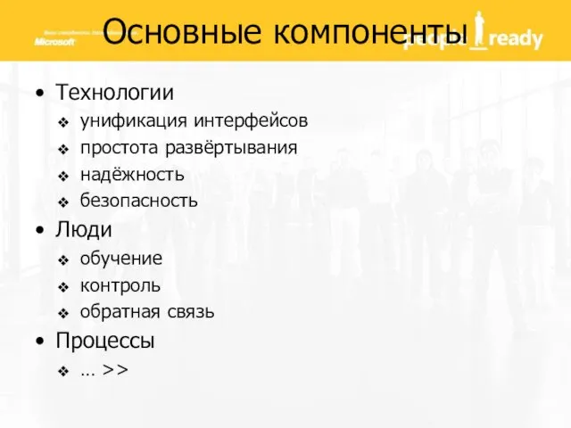 Основные компоненты Технологии унификация интерфейсов простота развёртывания надёжность безопасность Люди обучение контроль