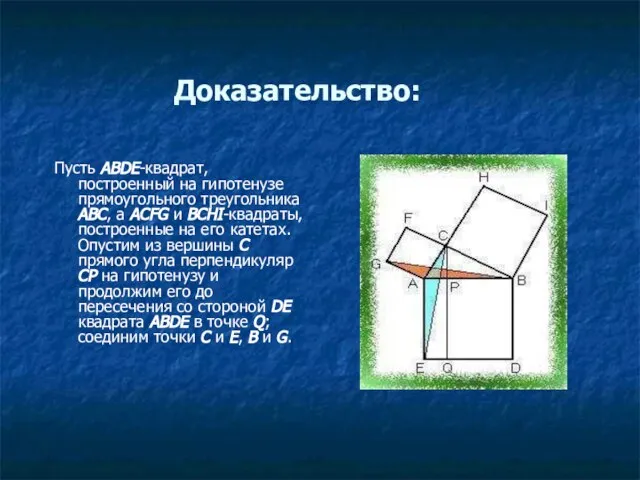 Доказательство: Пусть ABDE-квадрат, построенный на гипотенузе прямоугольного треугольника ABC, а ACFG и