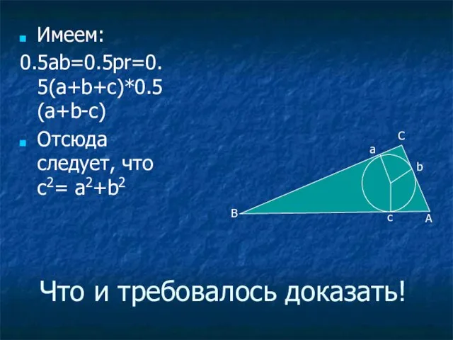 Что и требовалось доказать! Имеем: 0.5ab=0.5pr=0.5(a+b+c)*0.5(a+b-c) Отсюда следует, что с2= а2+b2